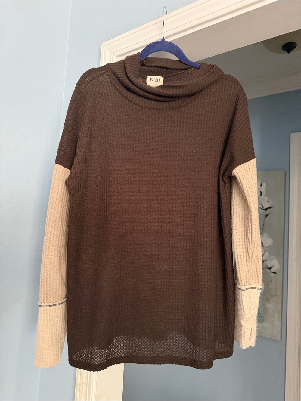 BiBi Two-Tone Brown Cowl Neck Sweater with Cream Sleeves